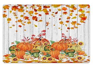 fall pumpkin bath mat for bathroom, watercolor pumpkins and sunflower on rustic vintage wood boards bathroom rug, autumn fallen maple leaf thanksgiving non slip absorbent bathroom mat, 24x16 inch