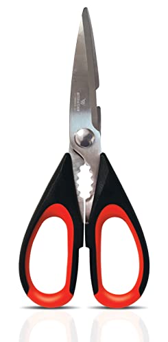 Premium Kitchen Shears by Better Kitchen Products, 8.5", All Purpose Stainless Steel Utility Scissors, Heavy Duty Scissors, Meat Scissors, Poultry Shears, Multipurpose for Culinary Prep(1PK-Black/Red)