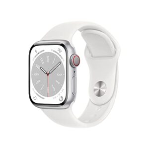 apple watch series 8 [gps + cellular 41mm] smart watch w/silver aluminum case with white sport band - m/l. fitness tracker, blood oxygen & ecg apps, always-on retina display, water resistant