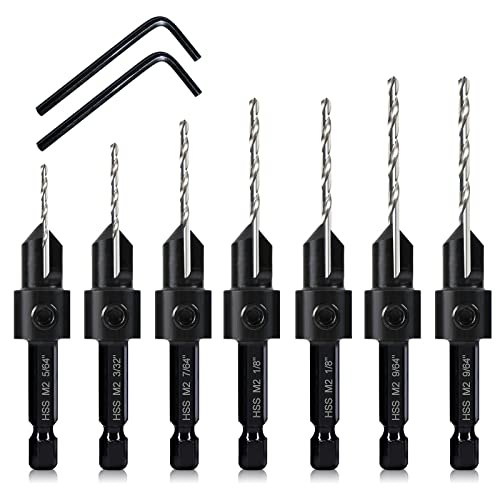 7 Pcs M2 Countersink Drill Bit Set, 3in1 Wood Pilot Countersink Drill Bits for #4#6#8#10#12 Screws Holes, with Adjustable Depth Stop,Quick Release Hex Shank, 2-Allen Wrench