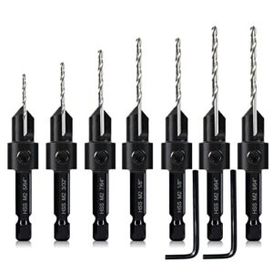 7 Pcs M2 Countersink Drill Bit Set, 3in1 Wood Pilot Countersink Drill Bits for #4#6#8#10#12 Screws Holes, with Adjustable Depth Stop,Quick Release Hex Shank, 2-Allen Wrench