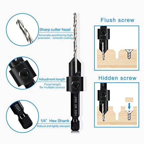 7 Pcs M2 Countersink Drill Bit Set, 3in1 Wood Pilot Countersink Drill Bits for #4#6#8#10#12 Screws Holes, with Adjustable Depth Stop,Quick Release Hex Shank, 2-Allen Wrench