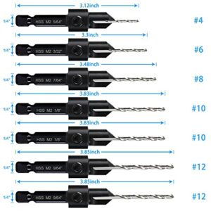 7 Pcs M2 Countersink Drill Bit Set, 3in1 Wood Pilot Countersink Drill Bits for #4#6#8#10#12 Screws Holes, with Adjustable Depth Stop,Quick Release Hex Shank, 2-Allen Wrench