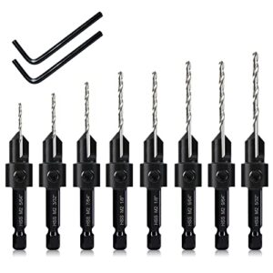 8 pack woodworking countersink drill bits set 3in1, heavy duty m2 pilot drill bits depth adjustable, 82-degree chamfer, 1/4” hex shank, for #4#6#8#10#12#14 screws in soft & hard wood