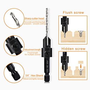 8 Pack Woodworking Countersink Drill Bits Set 3in1, Heavy Duty M2 Pilot Drill Bits Depth Adjustable, 82-Degree Chamfer, 1/4” Hex Shank, for #4#6#8#10#12#14 Screws in Soft & Hard Wood