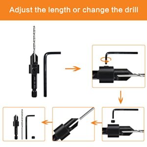 8 Pack Woodworking Countersink Drill Bits Set 3in1, Heavy Duty M2 Pilot Drill Bits Depth Adjustable, 82-Degree Chamfer, 1/4” Hex Shank, for #4#6#8#10#12#14 Screws in Soft & Hard Wood