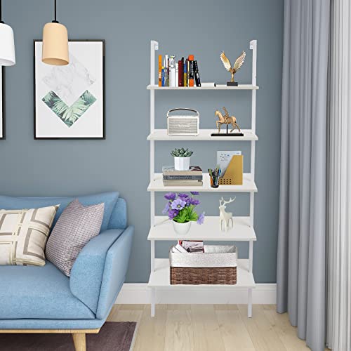 Karl home Ladder Shelf 5 Tier Wall Mounted Bookcase with Metal Frame, Open Design Shelves for Living Room, Bedroom, Home, Office, White (23.62" L x 11.81" W x 70.87" H)