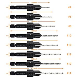 8 Pack Woodworking Countersink Drill Bits Set 3in1, Heavy Duty M2 Pilot Drill Bits Depth Adjustable, 82-Degree Chamfer, 1/4” Hex Shank, for #4#6#8#10#12#14 Screws in Soft & Hard Wood