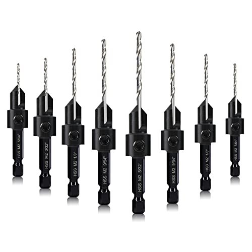 8 Pack Woodworking Countersink Drill Bits Set 3in1, Heavy Duty M2 Pilot Drill Bits Depth Adjustable, 82-Degree Chamfer, 1/4” Hex Shank, for #4#6#8#10#12#14 Screws in Soft & Hard Wood