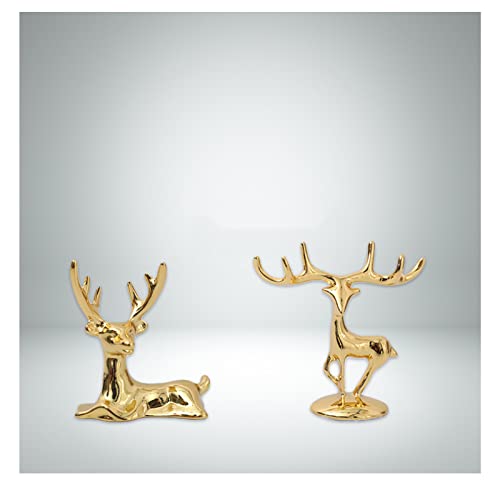 2PCS Mini Elk Metal High Texture Statue Fashion Classic Gold Good Luck Fortune Ornament for Car, Office Desktop, Bedroom, Wine Cabinet, Display Stand, Christmas Deer (Mini Couple Deer)