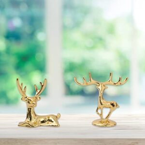 2PCS Mini Elk Metal High Texture Statue Fashion Classic Gold Good Luck Fortune Ornament for Car, Office Desktop, Bedroom, Wine Cabinet, Display Stand, Christmas Deer (Mini Couple Deer)