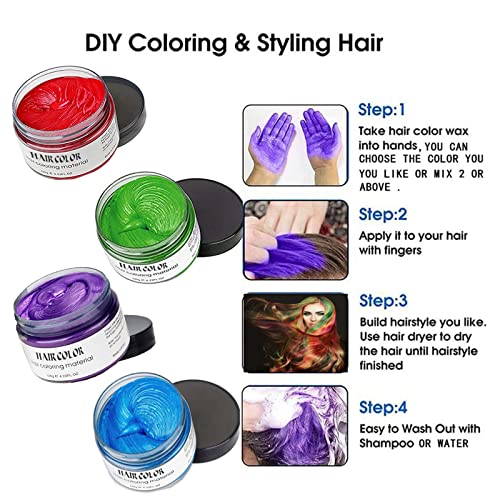 Temporary Hair Color Dye for Girls Kids, Hair Wax Color Girl Toys Gifts for Age 4 5 6 7 8 9 Birthday,Party, Cosplay DIY, Children's Day, Halloween, Christmas (4Colores- Red Blue Purple Green)