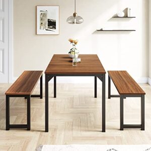 imusee 45" dining table set for 4, 3-pieces kitchen & dining room sets with benches, metal frame and wood board, sturdy structure, easy assembly, small space dinette, walnut & black
