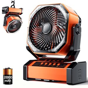 camping led fan with light, 20000mah rechargeable battery powered outdoor tent fan with light and remote, 4 speed, personal usb desk fan for camping, fishing,power outage,hurricane, worksite