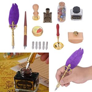 Quill Feather Pen Set, Calligraphy Pen Set with Colored Varnish Wax, Exquisite Quill Pen, Gift Kit for Writing, Drawing, Signatures Purple