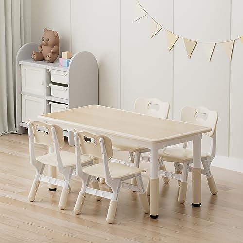 Syunoo Kids Table and Chairs Set, 49''x25'' Toddler Table and 4 Chairs Set, Height-Adjustable Toddler Desk for Boys&Girls Ages 2-8, Graffiti Child's Desk for Study Room, Classroom