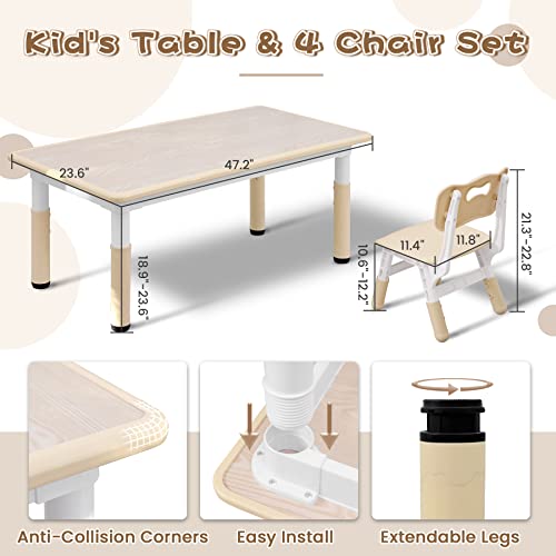 Syunoo Kids Table and Chairs Set, 49''x25'' Toddler Table and 4 Chairs Set, Height-Adjustable Toddler Desk for Boys&Girls Ages 2-8, Graffiti Child's Desk for Study Room, Classroom