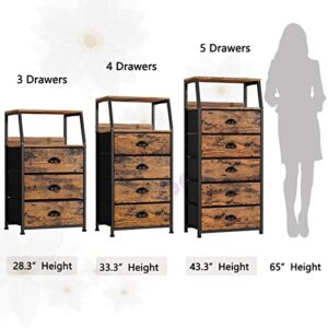 Furnulem Nightstand with 3 Drawers and 2-Tier Shelf, Fabric Small Dresser Organizer Vertical Storage Tower for Bedroom, Closet, Hallway, Nursery, End Table Side Furniture, Sturdy Steel Frame, Wood Top