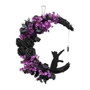 MOKINGTOP Halloween Wreaths for Front Door Halloween Moon Wreath with Black Cat Grapevine Wreath Halloween Cat Door Wreath Horror Decorations for Home Party Window Wall Indoor Outdoor