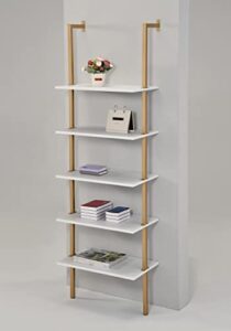 raamzo modern 5-tier ladder shelf, open wall-mounted bookshelf with metal frame, storage rack shelves, bookcase for home office - white / gold - 72" height