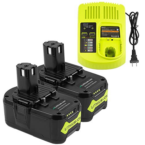 P108 & P117 for Ryobi 18V Battery and Charger Combo, 6.0 AH/ 2-Pack, Replace P102 P103 P105 P107 P108 P109 P189 P191 P197.