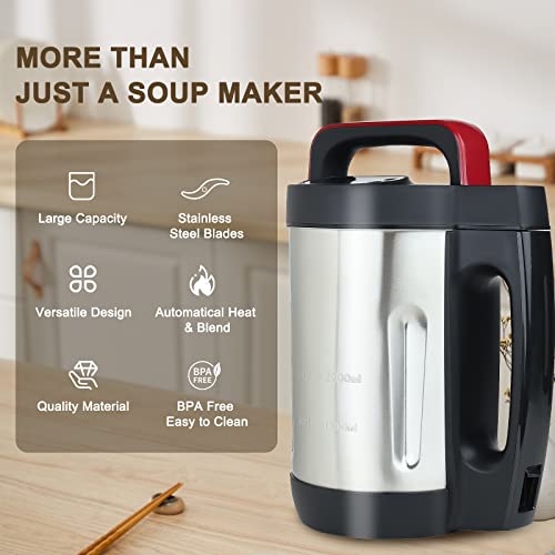 bathivy Soup Maker, Automatical Multi-Function Fresh Soup and Smoothie Make Machine | 2 Liters, 6 Functions, Stainless Steel, LED Display | Blend, Smooth, Chunky, Compote, Pre-heat, Clean (Red)