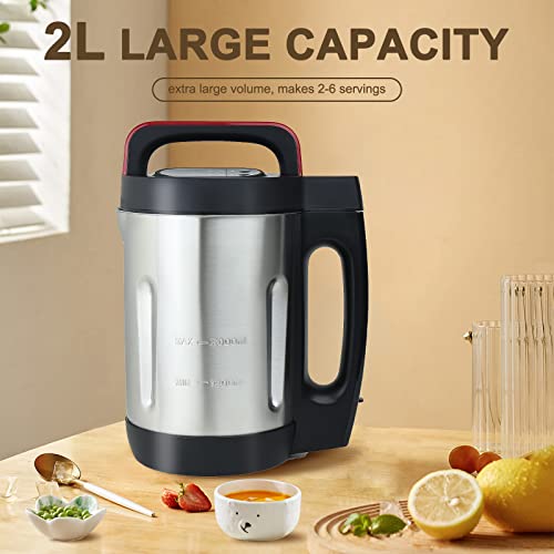 bathivy Soup Maker, Automatical Multi-Function Fresh Soup and Smoothie Make Machine | 2 Liters, 6 Functions, Stainless Steel, LED Display | Blend, Smooth, Chunky, Compote, Pre-heat, Clean (Red)