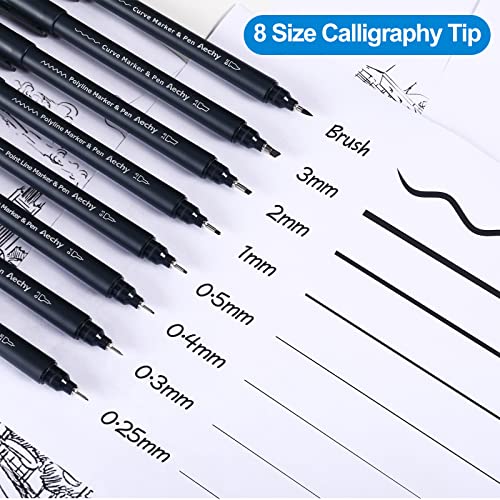 AECHY Calligraphy Curve Pens for Hand Lettering, Dual Tip Pens with 4 Different Curve Shapes, 8 Size Dual Calligraphy Brush Pen Set for Lettering Drawing Scrapbook Art Supplies