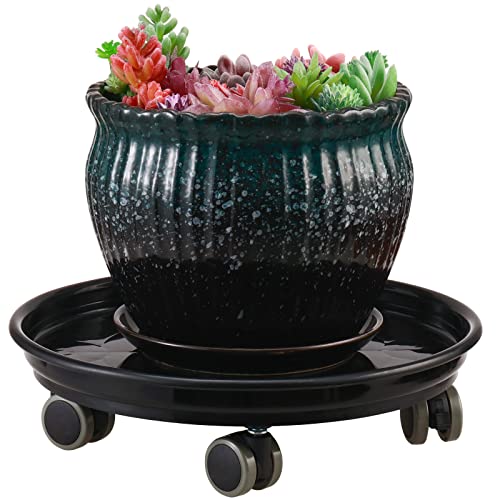 8-Pack Plastic Plant Caddy with PU Wheels 12" Heavy-Duty Rolling Plant Stand with Casters Plant Dolly Plant Roller Base Plant Pot Movers Plant Saucer with Wheels, Black