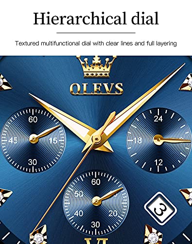 OLEVS Men Watches Big Face Watch for Men Gold and Silver Luxury Blue Watches Mens Analog Quartz Fashion Stainless Steel Watches Roman Numerals Watches Day Date Dress Men Wristwatches