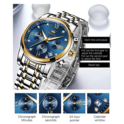 OLEVS Men Watches Big Face Watch for Men Gold and Silver Luxury Blue Watches Mens Analog Quartz Fashion Stainless Steel Watches Roman Numerals Watches Day Date Dress Men Wristwatches