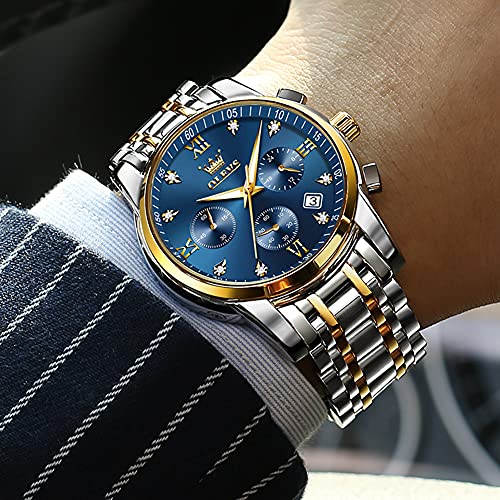 OLEVS Men Watches Big Face Watch for Men Gold and Silver Luxury Blue Watches Mens Analog Quartz Fashion Stainless Steel Watches Roman Numerals Watches Day Date Dress Men Wristwatches