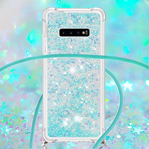 HOUSON for Samsung Galaxy S10 5G Case, Moving Liquid Holographic Sparkle Glitter Case with Crossbody Lanyard Strap, Girls Women Bling Diamond Ring Slim Protective Case for Galaxy S10 5G Blue