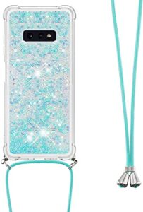 houson for samsung galaxy s10e 5g case, moving liquid holographic sparkle glitter case with crossbody lanyard strap, girls women bling diamond ring slim protective case for galaxy s10e 5g blue