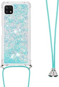 houson for samsung galaxy a22 5g case, moving liquid holographic sparkle glitter case with crossbody lanyard strap, girls women bling diamond ring slim protective case for galaxy a22 5g blue
