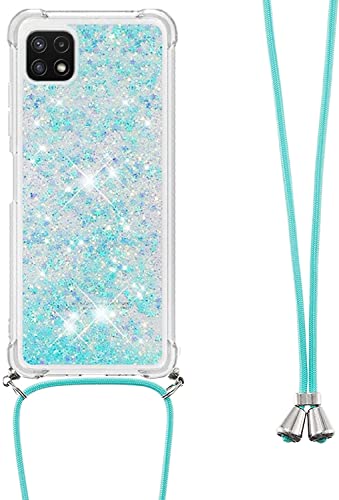 HOUSON for Samsung Galaxy A22 5G Case, Moving Liquid Holographic Sparkle Glitter Case with Crossbody Lanyard Strap, Girls Women Bling Diamond Ring Slim Protective Case for Galaxy A22 5G Blue