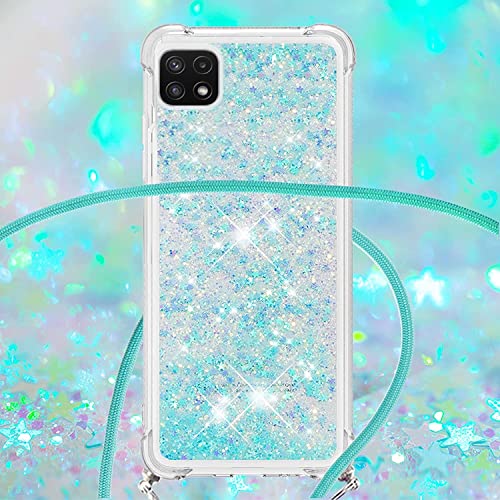 HOUSON for Samsung Galaxy A22 5G Case, Moving Liquid Holographic Sparkle Glitter Case with Crossbody Lanyard Strap, Girls Women Bling Diamond Ring Slim Protective Case for Galaxy A22 5G Blue