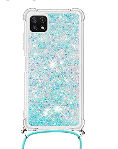 HOUSON for Samsung Galaxy A22 5G Case, Moving Liquid Holographic Sparkle Glitter Case with Crossbody Lanyard Strap, Girls Women Bling Diamond Ring Slim Protective Case for Galaxy A22 5G Blue