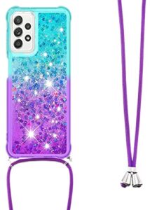 houson for samsung galaxy a32 5g case, moving liquid holographic sparkle glitter case with crossbody lanyard strap, girls women bling diamond ring slim protective case for galaxy a32 5g purple