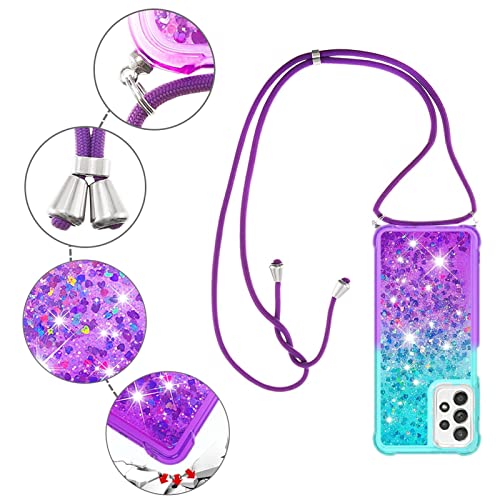 HOUSON for Samsung Galaxy A32 5G Case, Moving Liquid Holographic Sparkle Glitter Case with Crossbody Lanyard Strap, Girls Women Bling Diamond Ring Slim Protective Case for Galaxy A32 5G Purple