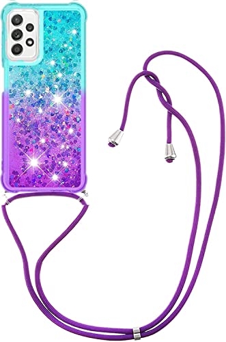 HOUSON for Samsung Galaxy A32 5G Case, Moving Liquid Holographic Sparkle Glitter Case with Crossbody Lanyard Strap, Girls Women Bling Diamond Ring Slim Protective Case for Galaxy A32 5G Purple