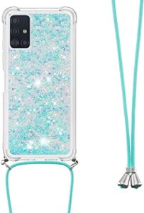 houson for samsung galaxy a51 4g case, moving liquid holographic sparkle glitter case with crossbody lanyard strap, girls women bling diamond ring slim protective case for galaxy a51 4g blue