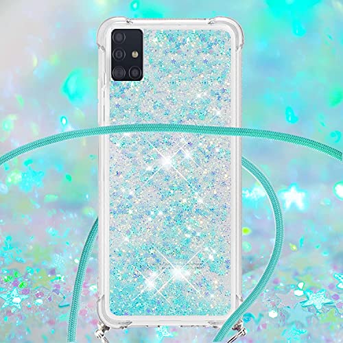 HOUSON for Samsung Galaxy A51 4G Case, Moving Liquid Holographic Sparkle Glitter Case with Crossbody Lanyard Strap, Girls Women Bling Diamond Ring Slim Protective Case for Galaxy A51 4G Blue