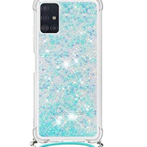 HOUSON for Samsung Galaxy A51 4G Case, Moving Liquid Holographic Sparkle Glitter Case with Crossbody Lanyard Strap, Girls Women Bling Diamond Ring Slim Protective Case for Galaxy A51 4G Blue