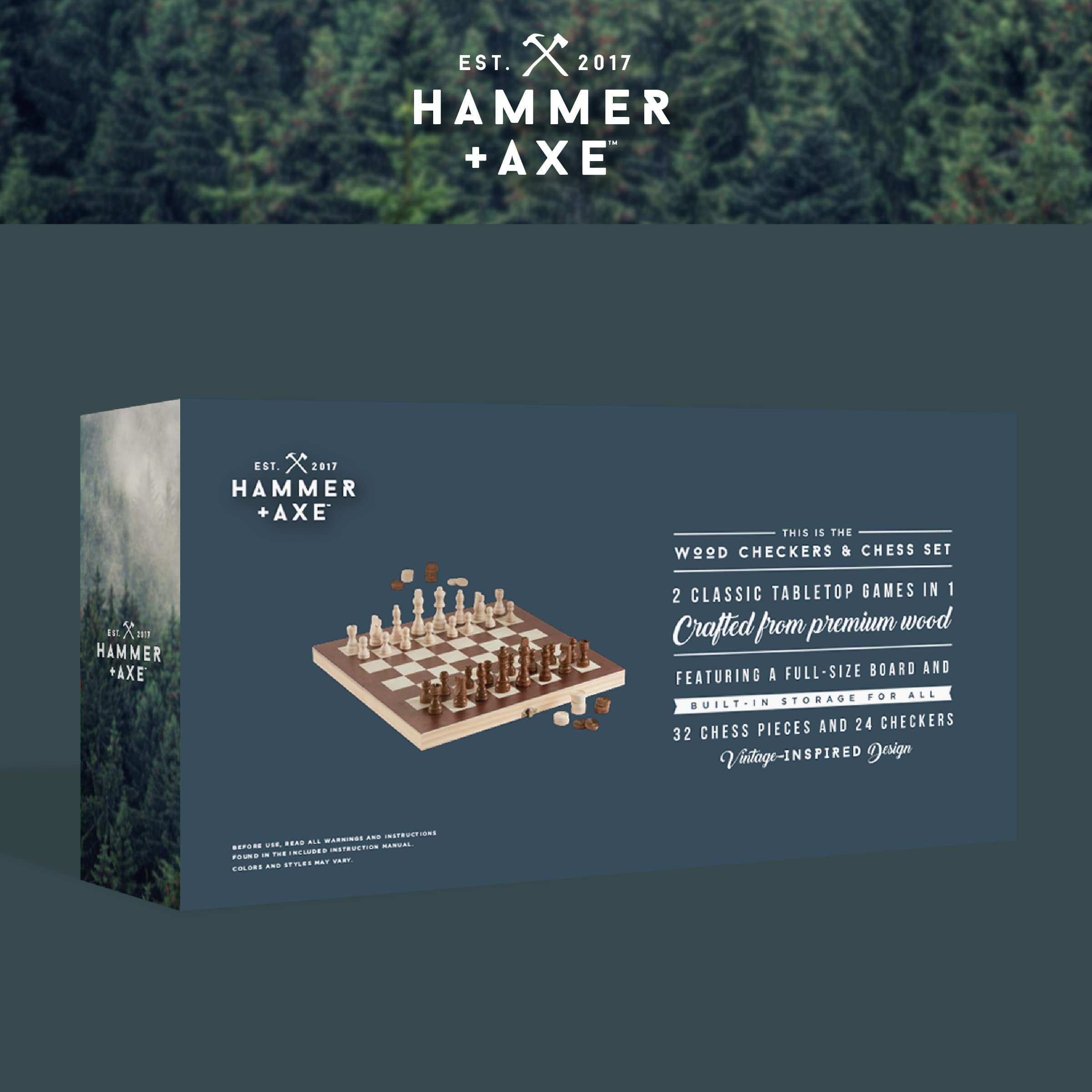 HAMMER + AXE 2-in-1 Checkers & Chess Board Game Set, Premium Quality Wood, Full-Sized Folding Board & Pieces, Portable Travel Activity for Home, Beach, Camping, BBQ, Fun Activity for Kids & Adults