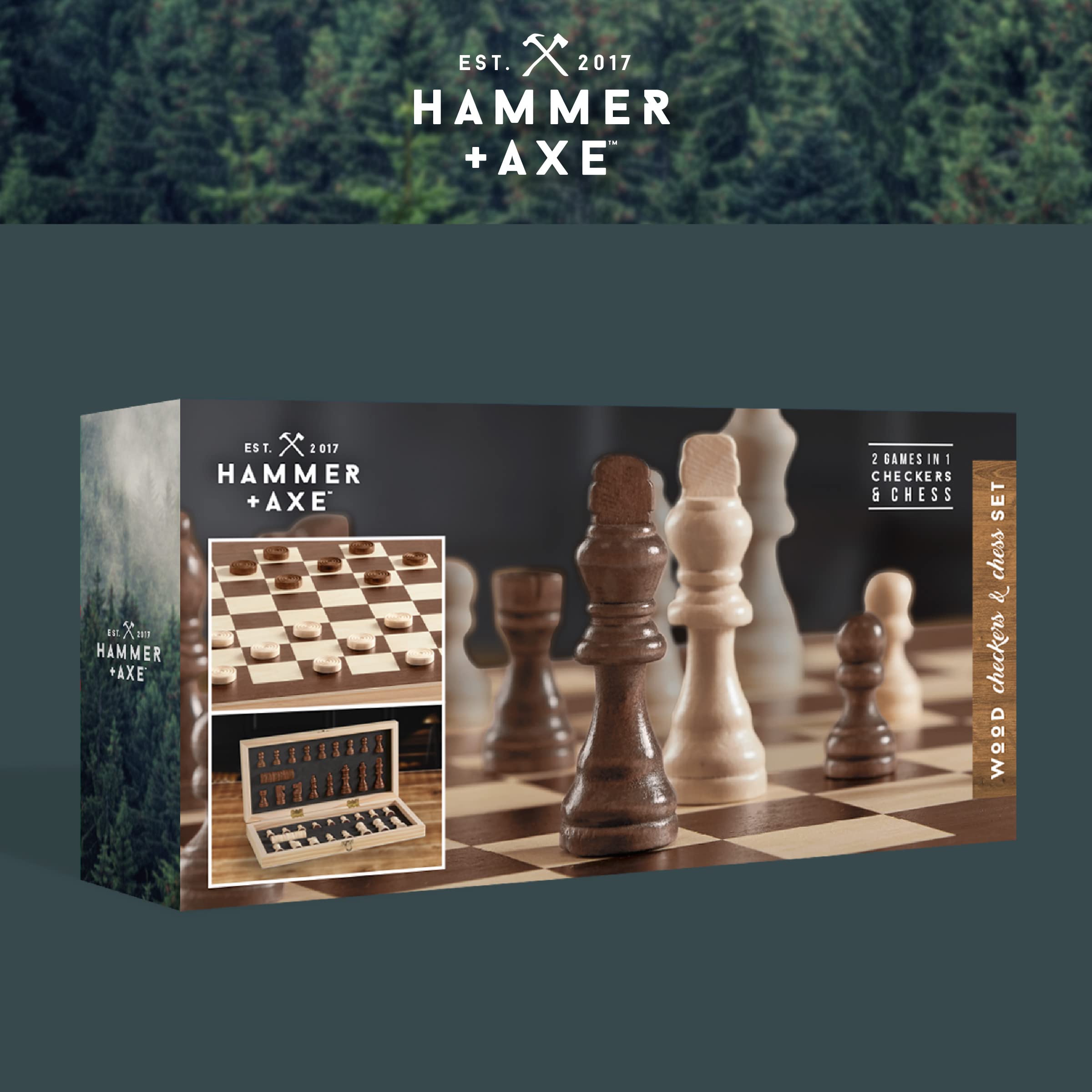 HAMMER + AXE 2-in-1 Checkers & Chess Board Game Set, Premium Quality Wood, Full-Sized Folding Board & Pieces, Portable Travel Activity for Home, Beach, Camping, BBQ, Fun Activity for Kids & Adults