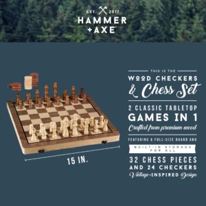 HAMMER + AXE 2-in-1 Checkers & Chess Board Game Set, Premium Quality Wood, Full-Sized Folding Board & Pieces, Portable Travel Activity for Home, Beach, Camping, BBQ, Fun Activity for Kids & Adults