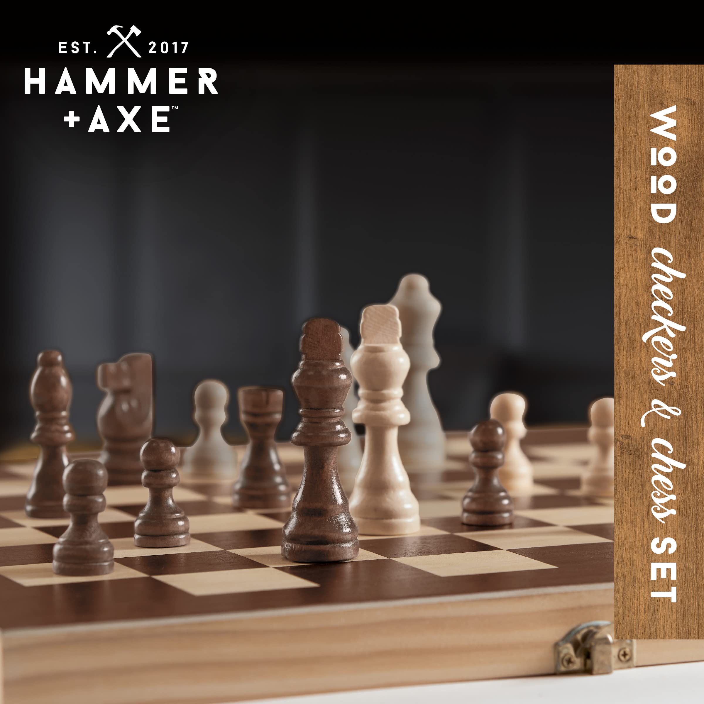 HAMMER + AXE 2-in-1 Checkers & Chess Board Game Set, Premium Quality Wood, Full-Sized Folding Board & Pieces, Portable Travel Activity for Home, Beach, Camping, BBQ, Fun Activity for Kids & Adults