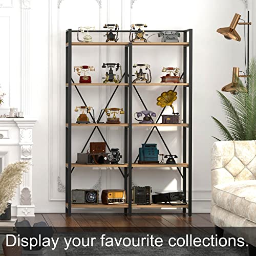 BON AUGURE Bookshelf, Industrial Large Etagere Bookcase for Living Room and Bedroom, Farmhouse 5 Tier Book Shelves for Office, Rustic Wood Metal Shelving Unit (Vintage Oak, 43.31 inch Wide)