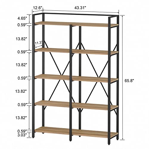 BON AUGURE Bookshelf, Industrial Large Etagere Bookcase for Living Room and Bedroom, Farmhouse 5 Tier Book Shelves for Office, Rustic Wood Metal Shelving Unit (Vintage Oak, 43.31 inch Wide)